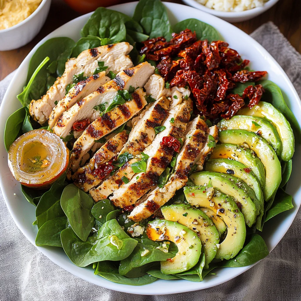 Grilled Chicken Sun Dried Tomato and Avocado Spinach Salad