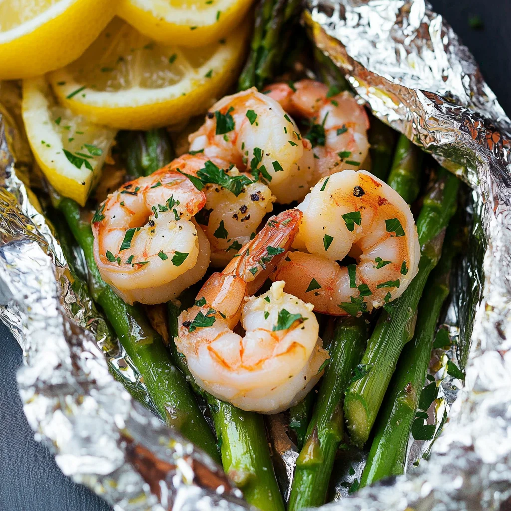 Shrimp and Asparagus Foil Packs with Garlic Lemon Butter Sauce