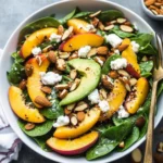 Summer Peach Spinach Salad with Avocado, Toasted Almonds + Goat Cheese
