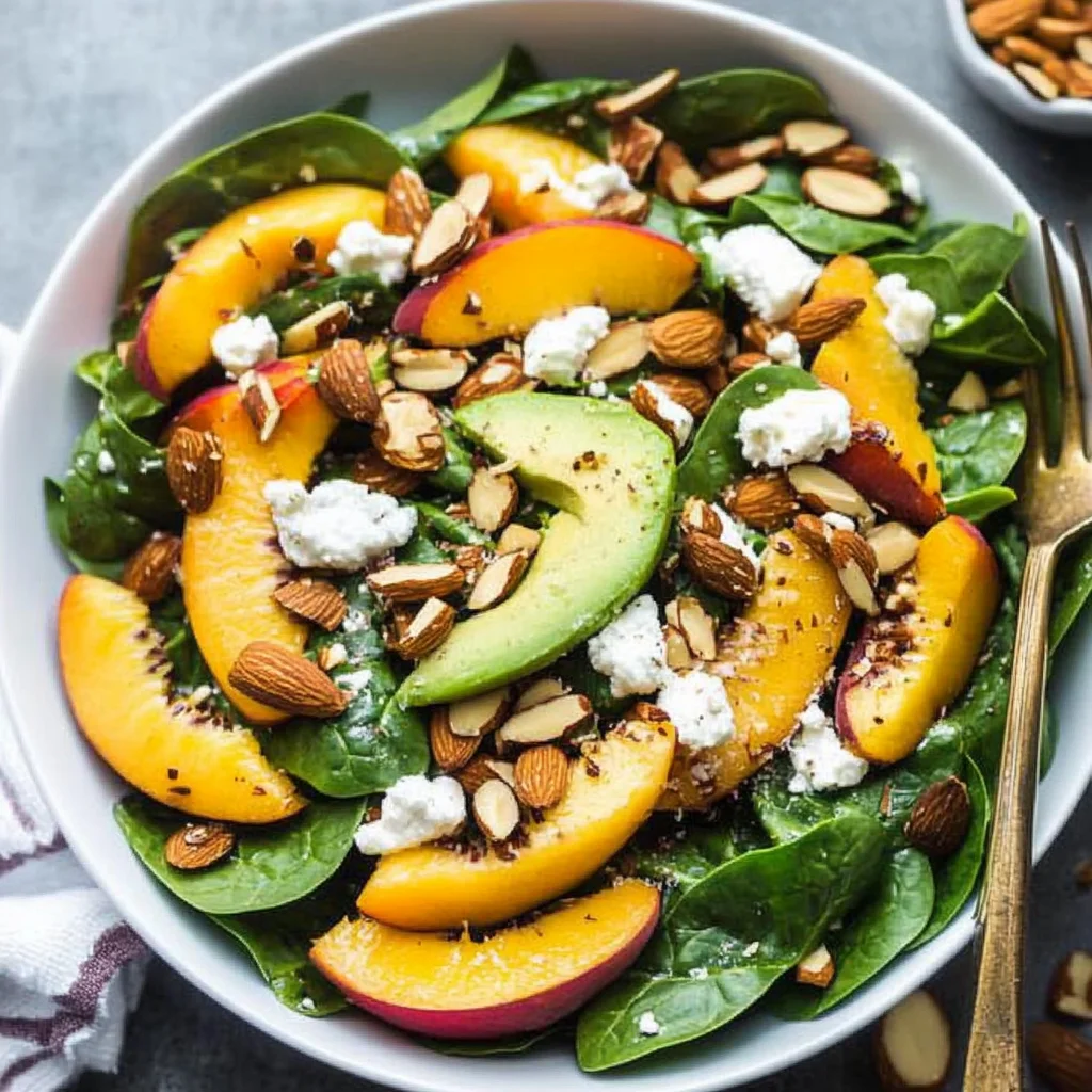 Summer Peach Spinach Salad with Avocado, Toasted Almonds + Goat Cheese