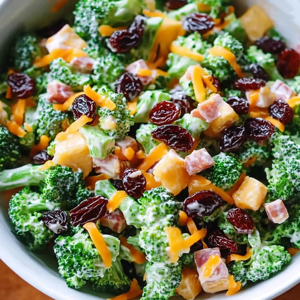Broccoli Turkey Bacon Salad with Raisins and Cheddar Cheese