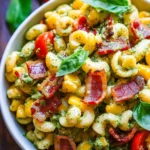 Corn Pasta Salad with Turkey Bacon and Creamy Pesto Dressing