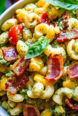 Corn Pasta Salad with Turkey Bacon and Creamy Pesto Dressing