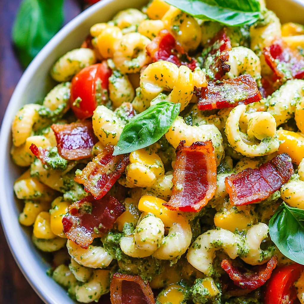 Corn Pasta Salad with Turkey Bacon and Creamy Pesto Dressing