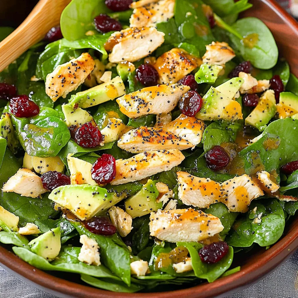 Cranberry Avocado Spinach Salad with Chicken and Orange Poppy Seed Dressing