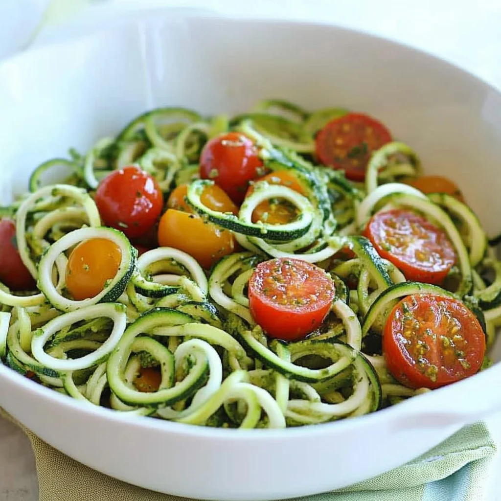 Raw Spiralized Zucchini Noodles with Tomatoes and Pesto