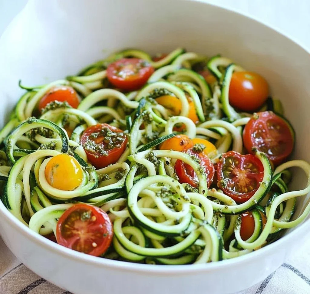 Raw Spiralized Zucchini Noodles with Tomatoes and Pesto