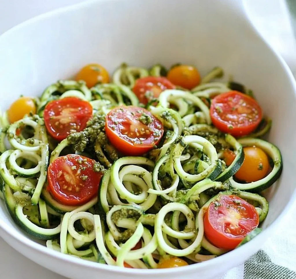 Raw Spiralized Zucchini Noodles with Tomatoes and Pesto