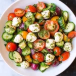 Tomato Cucumber Avocado Salad with Mozzarella and Basil Pesto