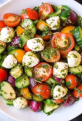 Tomato Cucumber Avocado Salad with Mozzarella and Basil Pesto