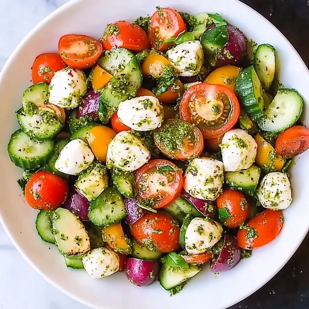 Tomato Cucumber Avocado Salad with Mozzarella and Basil Pesto